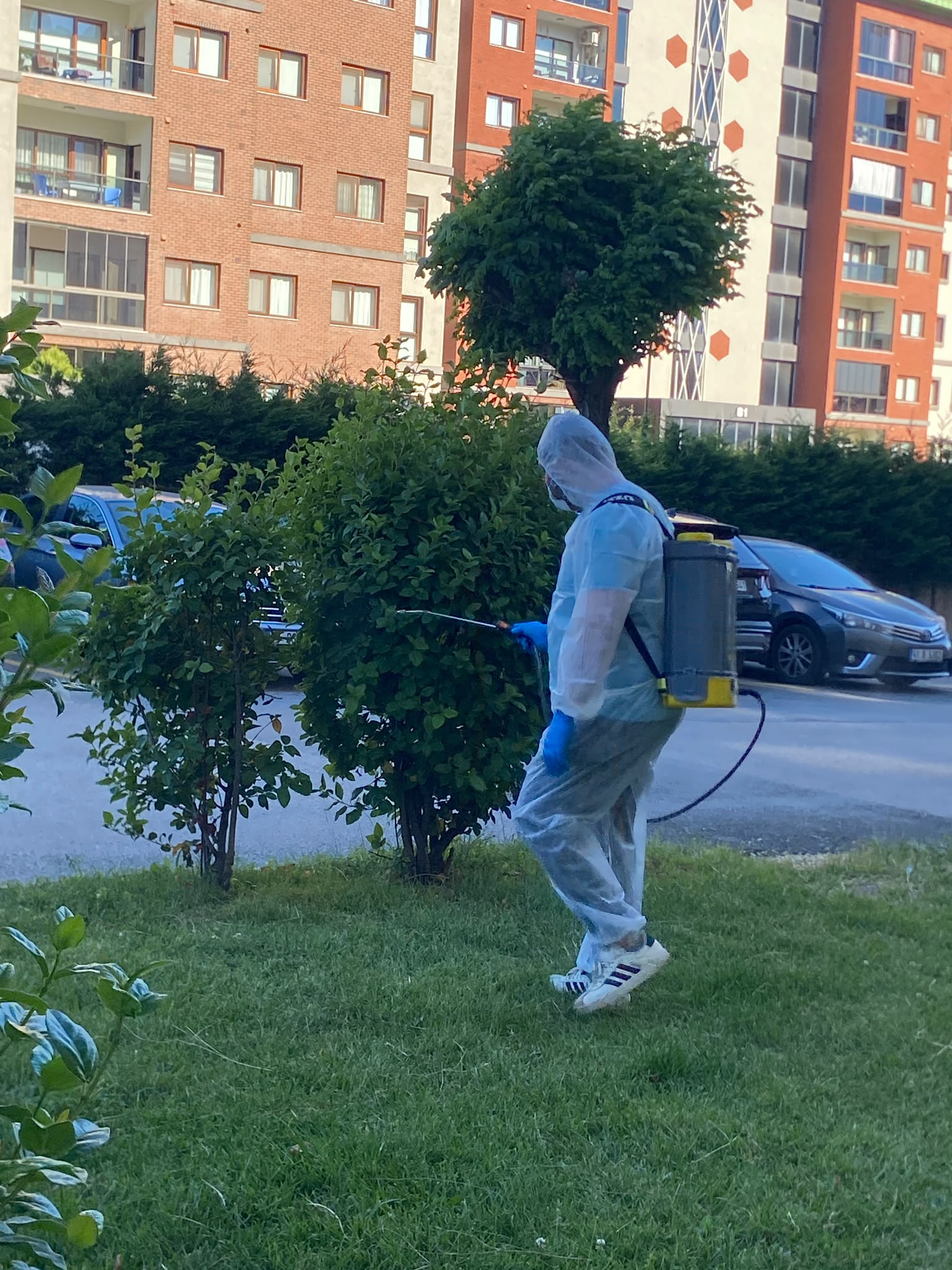 Bina çevresinde ilaçlama yapan ekip